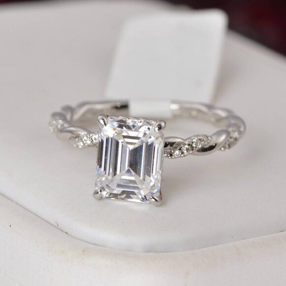 Certified Moissanite 3ct Emerald Cut Egagement Ring 925 Sterling Silver - Picture 1 of 7